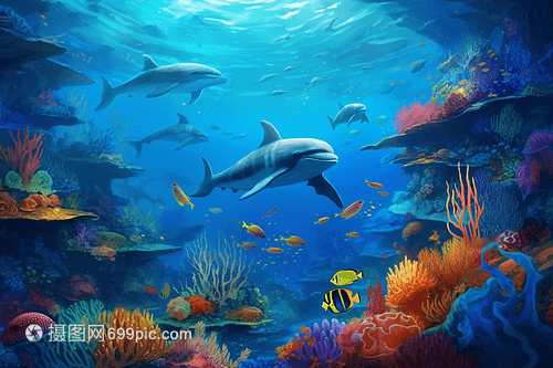 海洋中的海豚和鯨魚