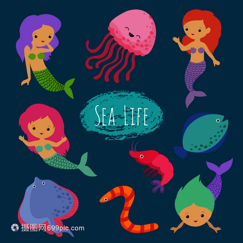 美人魚女孩公主和海洋生物