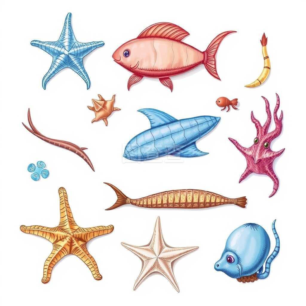 一組白色背景的海洋生物